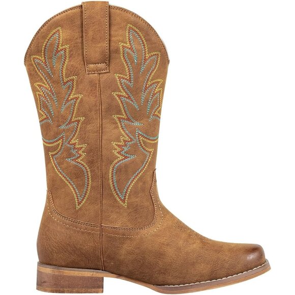 Women's Tan Square Toe Mid Calf Shoes Pull On Fashion Embroidered Western Boots - Picture 3 of 9